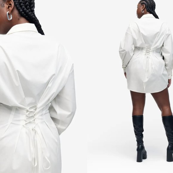 H&M Size Medium Poplin Cream Lace Up Dress Shirt - Picture 2 of 3